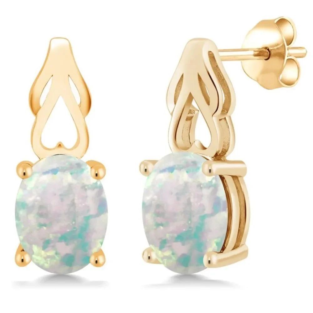 18K Yellow Gold 925 with 1.20 Cttw White Opal Oval Post Back Drop Earrings